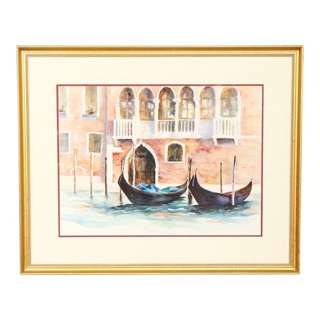 Judy Antonelli Framed Watercolor Painting, 'The Waiting Gondolas' For Sale