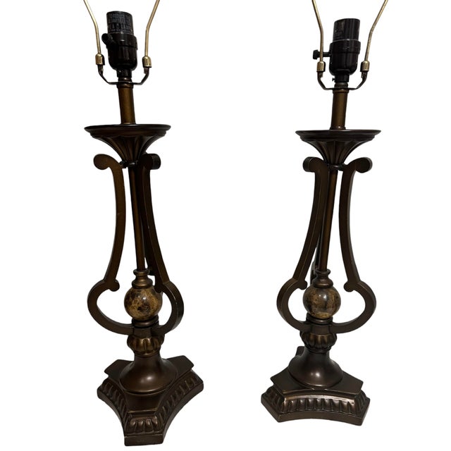 Oxblood Red A Pair of Vintage Marble and Bronze Table Lamps For Sale - Image 8 of 12