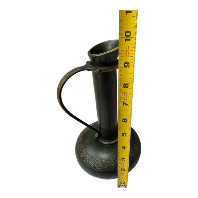 Vintage Israeli Brass Bud Vase Ewer Grapevine Engraved Patina Israel For Sale - Image 12 of 14