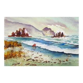 Mid 20th Century Coastal Fishermen Beach Watercolor Painting For Sale