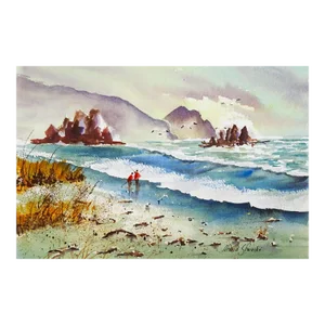 Mid 20th Century Coastal Fishermen Watercolor Painting