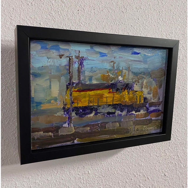 Union Pacific Roll Out by Delton Demarest | Oil on Panel Painting of a yellow train in a landscape For Sale - Image 4 of 4
