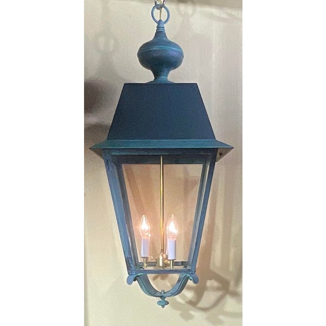 Pair of Solid Verdigris Brass Hanging Lanterns. 14” X 14” X 33” For Sale - Image 16 of 16