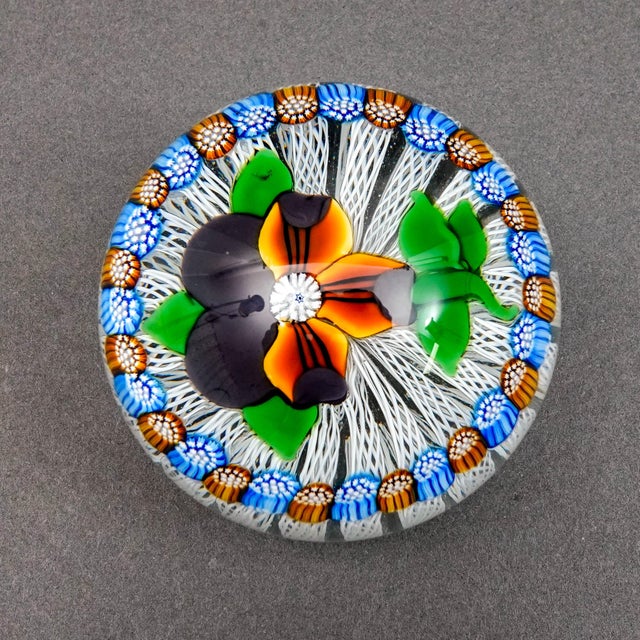 John Deacons Scotland 2001 Pansy Millefiori Latticino Art Glass Paperweight. Measures approximately 2 7/8" diameter, 2...