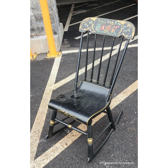 Late 19th Century Antique Painted Black Stenciled Country Rocking Chair 1890s ~ Repainted in 1967 For Sale - Image 5 of 11