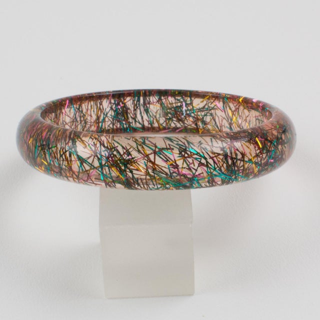 Pink Lucite Bracelet Bangle With Multicolor Metallic Thread Inclusions For Sale - Image 4 of 4