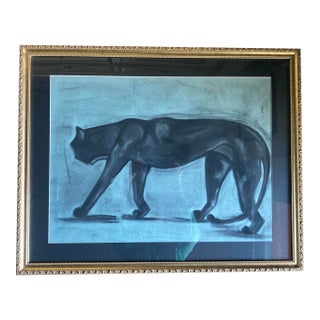 Original Signed Charcoal Drawing of Black Cat in Gold Vintage Frame With Beautiful Matting. For Sale