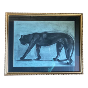 Original Signed Charcoal Drawing of Black Cat in Gold Vintage Frame With Beautiful Matting.