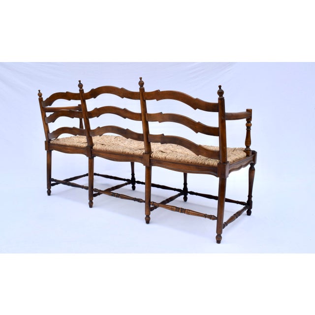 Vintage French Provincial Style Ladder Back Bench Rush Seat For Sale - Image 11 of 16
