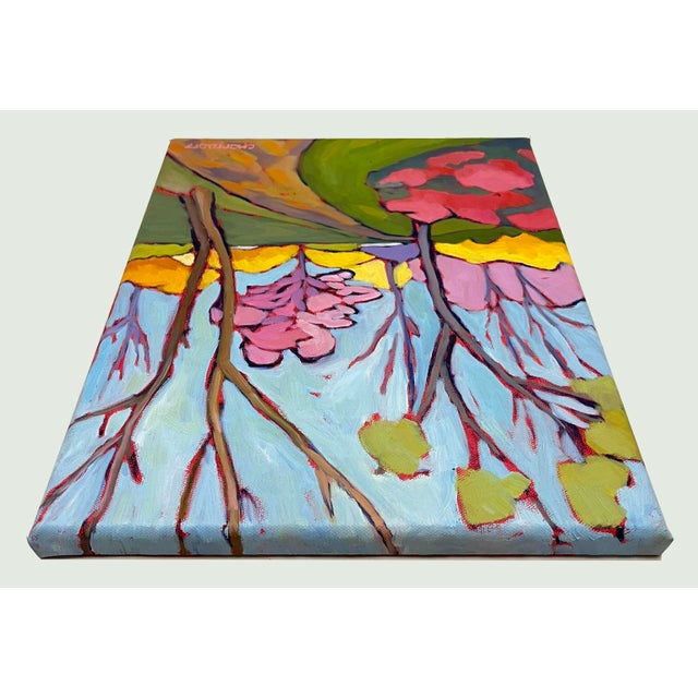 Spring Landscape Oil Painting, Cherry Trees, Yellow Forsythia, Garden Pathway For Sale In New York - Image 6 of 9