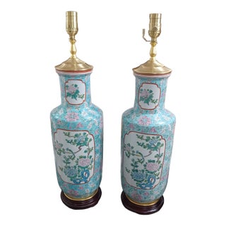 Vintage Pair of Teal Ceramic Asian Style Urn Table Lamps For Sale