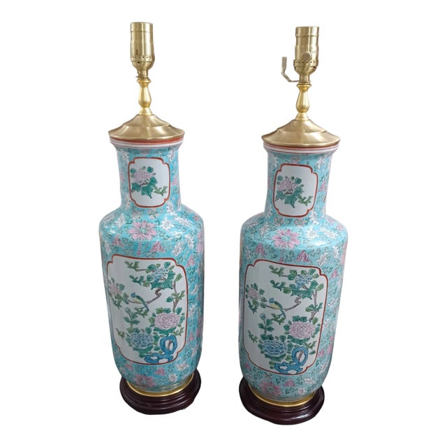 Vintage Pair of Teal Ceramic Asian Style Urn Table Lamps For Sale
