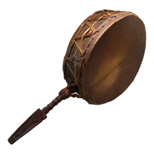Antique Leather & Wood Shaman Drum with Hand-Carved Wooden Stick