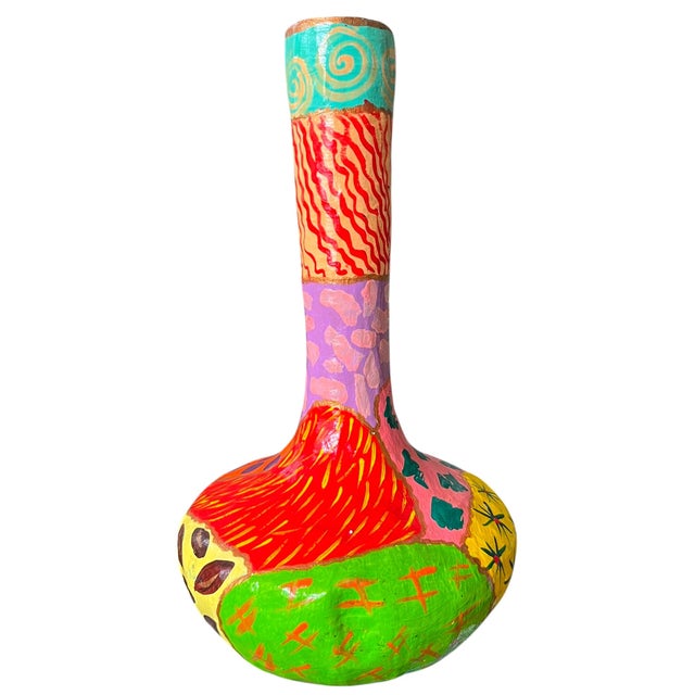 Alexander Girard Pair of Vintage Hand-Painted Papier-Mâché Vases – Colorful Folk Art, Memphis Style Patchwork Forms For Sale - Image 4 of 7
