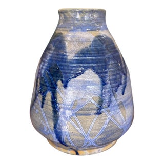 Signed Studio Art Pottery Vase With Expressive Blue Drip Glaze and Textured Stoneware Body. For Sale