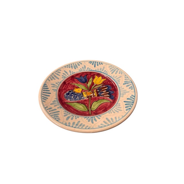 Vintage Hand-Painted Mediterranean Style Terracotta Ceramic Wall Plate – Bird & Tulip Motif For Sale - Image 4 of 11