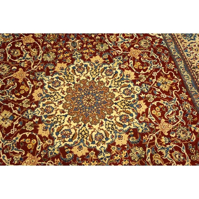 Textile 1950s Red Field Traditional Medallion Vintage Isfahan Wool Silk Small Carpet Rug For Sale - Image 7 of 9