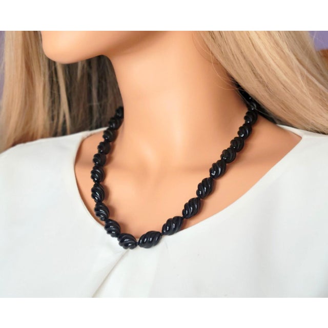 Art Deco Style Black Onyx Beaded Necklace, Sterling Silver Clasp, 21.5" For Sale - Image 4 of 8