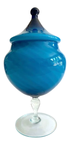 Vintage Mid Century Modern Empoli Italy Cerulean Royal Blue Ombre Art Glass Candy Bowl Pedestal Lidded Jar