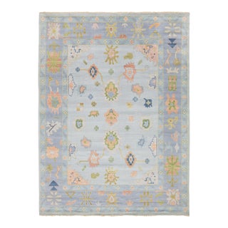 Modern Oushak Style Hand-Knotted Wool Rug in Ice Blue, Blush & Sage For Sale