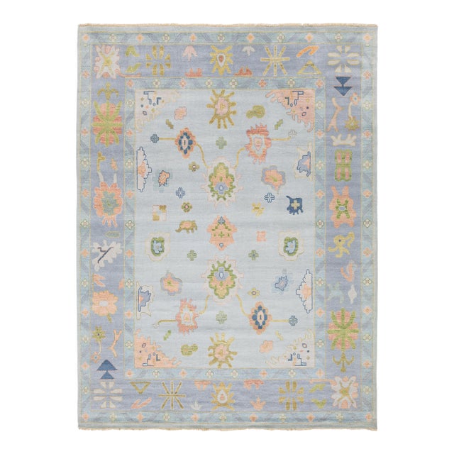 Modern Oushak Style Hand-Knotted Wool Rug in Ice Blue, Blush & Sage For Sale
