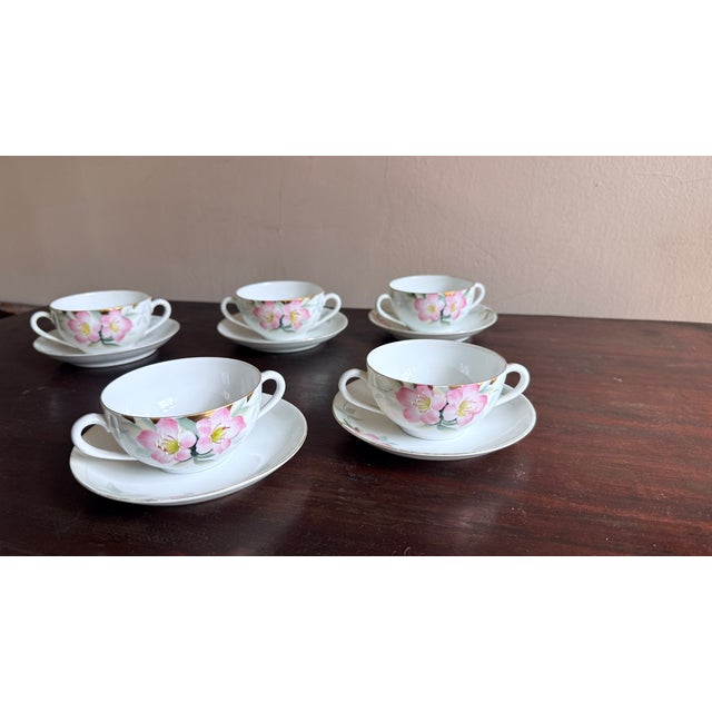 Ceramic Early 20th Century Noritake Azalea Cream Soup Cups With Saucers, Set of Five For Sale - Image 7 of 7