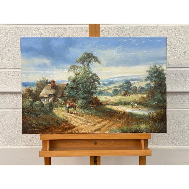 Late 20th Century Rural Scene with Horses, Farm Workers & Thatched Cottage in English Countryside 1980 Circa For Sale - Image 5 of 16