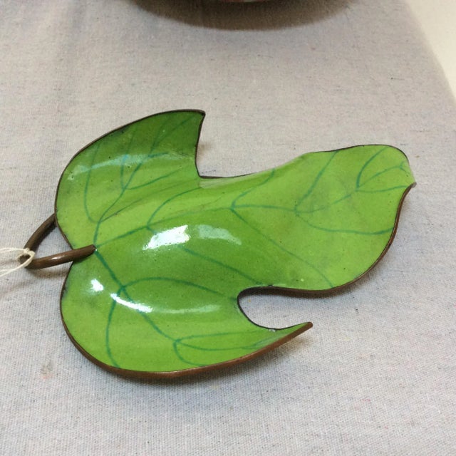 Mid-Century Modern Enamel on Copper Green Leaf Dish For Sale - Image 3 of 5