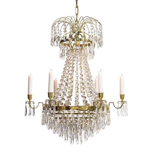 Empire 6 Arm Crystal Chandelier in Polished Brass With Crystal Drops For Sale