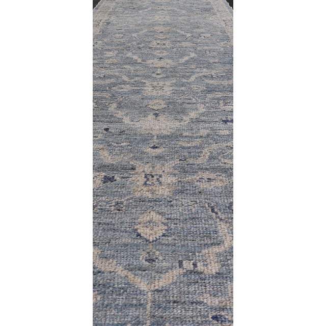 Traditional Angora Turkish Oushak Runner With Floral Design and Medium Blue and Grey Border 2'7 X 11'8 For Sale - Image 3 of 11