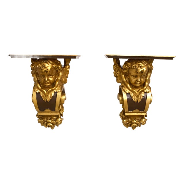 Pair Cherub Gold Finish Wall Sconce Shelves For Sale