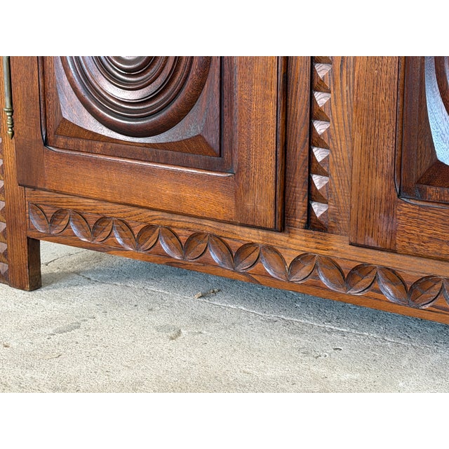 French Brutalist Carved Oak Armoire attributed to Charles Dudouyt, 1940s For Sale - Image 9 of 15