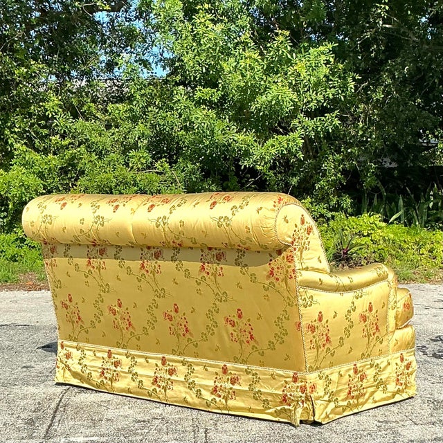Traditional Vintage Regency Embroidered Satin Floral Down Loveseat For Sale - Image 3 of 9