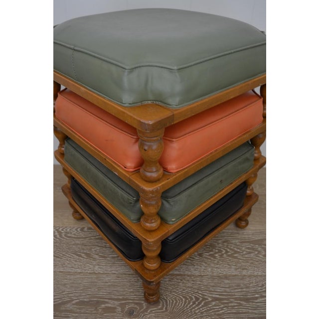 Late 20th Century Mid Century Wood & Vinyl Stacking Stools - Set of 4 For Sale - Image 4 of 5