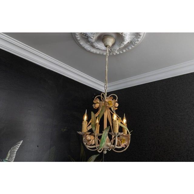 Hollywood Regency Style Floral Painted Metal Four-Light Chandelier, France For Sale - Image 4 of 18