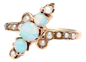 10KR Victorian Diagonal Opal & Seed Pearls Ring, size 5.25