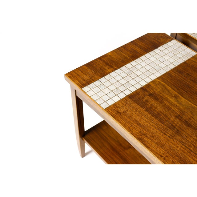 Wood Mid Century Vintage Attributed to Lane Monte Carlo Walnut Rectangular End Tables — Tile Top Inlay — Pair For Sale - Image 7 of 7