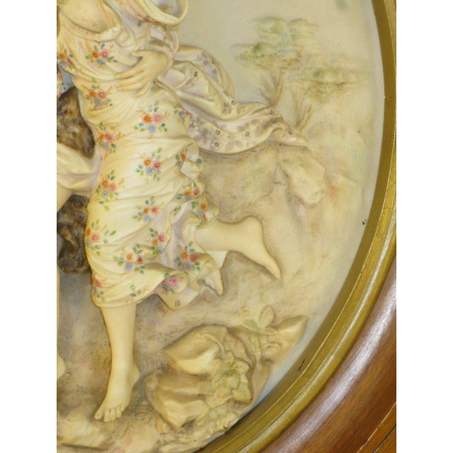 Realism Antique Porcelain Plaque, "The Storm" (La Tempête) After: French Artist Pierre Auguste Cot, Walnut Frame, European Figurine For Sale - Image 3 of 12