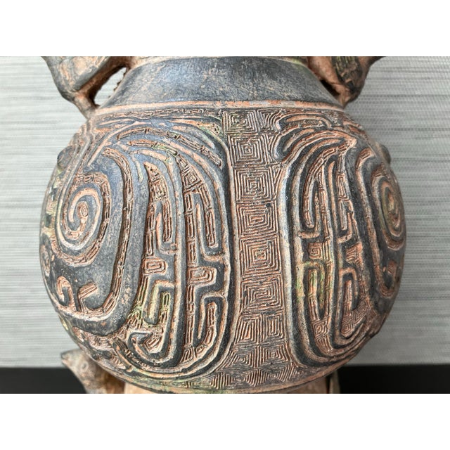 Metal Antique Qing Dynasty Era Chinese Bronze Vessel W/ 3d-Birds, 18" T. X 6" W. For Sale - Image 7 of 12