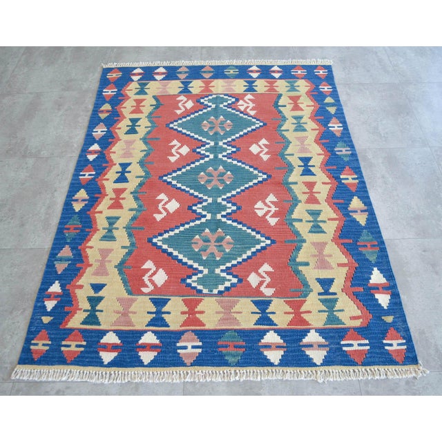 Vintage Turkish Rug Hand-Woven Kilim Rug - 3'10" X 5'6" For Sale - Image 10 of 13