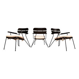 Three Armchairs in Ebonized Wood & Metal With Loose Cushion, Carlo Hauner, 1950s For Sale