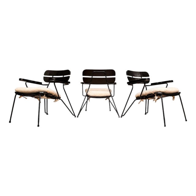 Three Armchairs in Ebonized Wood & Metal With Loose Cushion, Carlo Hauner, 1950s For Sale