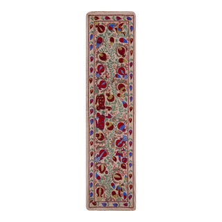Cream Uzbek Suzani Embroidered Table Runner – Red Pomegranate & Blue Floral Boho Textile 1'8'' X 6'1'' For Sale