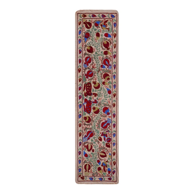Cream Uzbek Suzani Embroidered Table Runner – Red Pomegranate & Blue Floral Boho Textile 1'8'' X 6'1'' For Sale