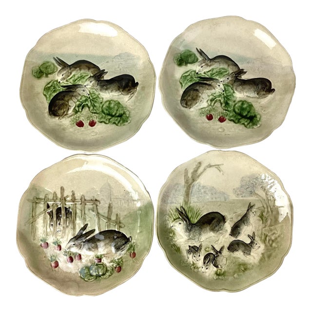 19th Century Bunny Rabbit Choisy-Le-Roi Majolica Plates, France- Set of 4 For Sale