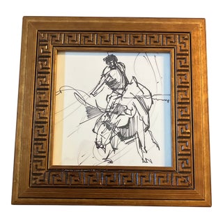 1960’s Original Abstract Bull Fighter With Bull Ink Drawing Greek Key Frame For Sale