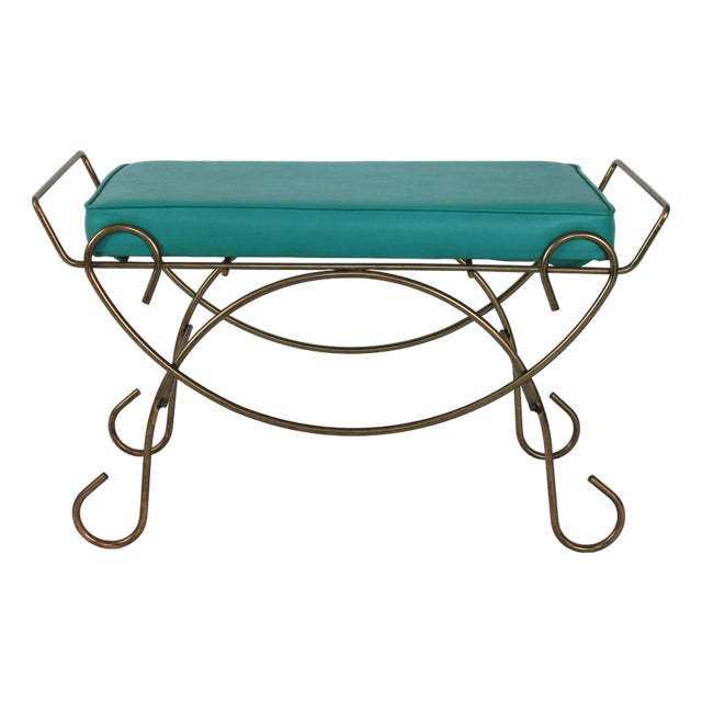 Mid-Century Brass Vanity Seat Bench W/ Turquoise Seat Cushion For Sale