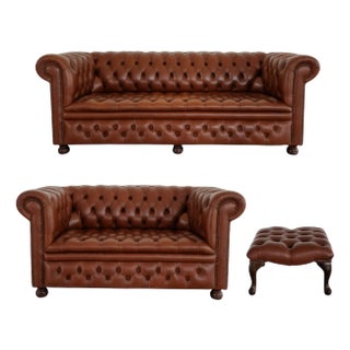 Chesterfield 3-Seater and 2-Seater Sofas with Ottoman, 1970s, Set of 3 For Sale