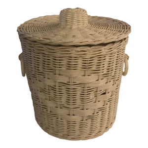 1960s White Wicker Ice Bucket With Lid and Plastic Inserts