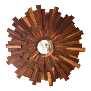 Brutalist Style Wood Sunburst Mirror For Sale